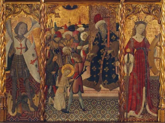 Święty Michał i św. Katarzyna, oprawa męczeństwa św. Eulalii z Barcelony (289-304) - Obraz Bernata Martorella (1390-1452), tempera na drewnie (143,5x188 cm), ok. 1442-1445 - Święty Michał, męczeństwo św. Eulalia i Święta Katarzyna, Tem
