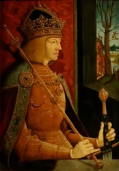 Cesarz Maksymilian I 1459-1519, z koroną, berłem i mieczem, ok. 1930 r. 1500