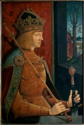 Cesarz Maksymilian I z koroną, berłem i mieczem