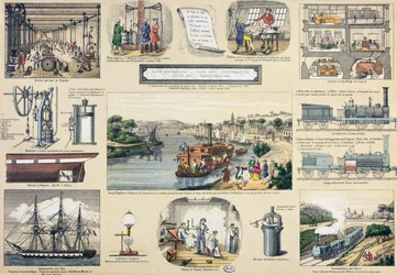 Historia pary, ilustracja do podręcznika edukacyjnego, połowa XIX wieku