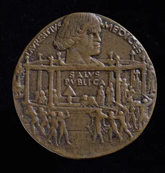Medal z głową Wawrzyńca Medyceusza (1449-92) upamiętniający spisek Pazzich z 1478 r. (recto) (brąz) (verso zob. 120956)