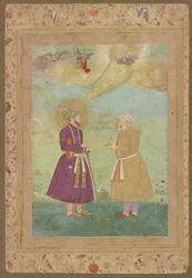 Shah Jahan z Asaf Khan z późnego albumu Shah Jahan Album, oderwane folio z rękopisem, ok. 1640 (nieprzezroczysta akwarela, tusz i złoto na papierze, zamocowane na tekturze)