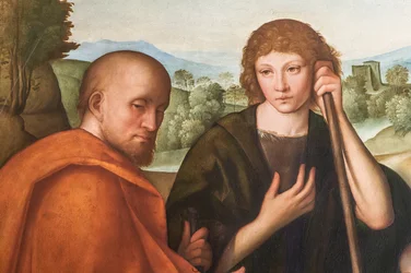 Adoracja Madonny pasterskiej z Dzieciątkiem Jezus i dwoma pasterzami, fragment 2384594