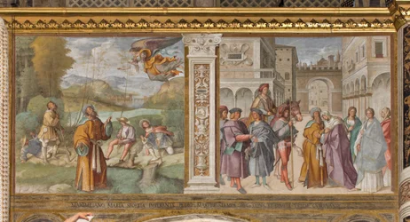 Nawa centralna, pierwsze północne przęsło, ogłoszenie do Joachima, spotkanie św. Joachima i św. Anny przy Złotej Bramie, Boccaccio Boccaccino 1514-15