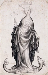 Święta Małgorzata z Antiochii (zm. ok. 305) (św. Małgorzata) (trzyma krucyfiks i depcze smoka) - Dzieło mistrza czeskiego (czynne 1410-1420), ołówek i pędzel na papierze (21,4x14 cm) , ok. 1410 - Muzeum Szepmuveszeti, Budapeszt (Węgry)