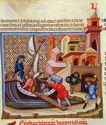 Załadunek towarów na statek, z rękopisu „Justinian Institutiones Feodorum et Alia”, c.1300 (welum)