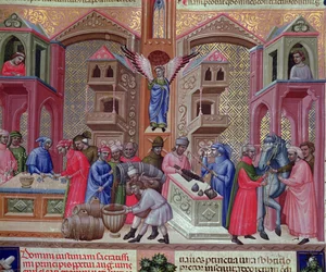 Gildia kupców, z rękopisu „Justinian Institutiones Feodorum et Alia”, c.1300 (welum)
