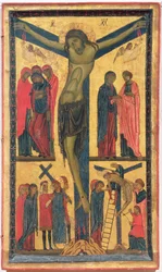 Ukrzyżowanie ze świętymi kobietami, żałobnikami, Chrystus w drodze na Kalwarię i zesłanie, prawy panel dyptyku (tempera na panelu)