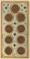 Dziewiątka Monet, faksymile karty tarota z talii Visconti, 1441-47