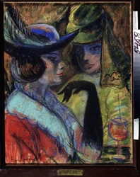 Cafe w Paryżu (Cafe w Paryżu). Dwie eleganckie kobiety siedzące przy drinku przy stole paryskiego bistro. Praca Borysa Dmitrijewicza Grigoriewa (1886-1939), pastel na tekturze