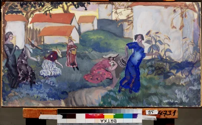Lato. Kobiety biegające i bawiące się w ogrodzie przed domami. Praca Borisa Dmitrievicha Grigorieva (1886-1939), akwarela i gwasz na papierze