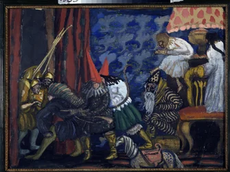 Pokaz łodzi. Praca Borysa Dmitrijewicza Grigoriewa (1886-1939), tempera na tekturze