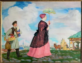 Kupiec kobieta z jej zakupami. (Kobieta kupca z zakupami). W drodze powrotnej za elegancką kobietą pod parasolem podąża urzędnik, który przewozi jej zakupy. Obraz Borisa Michaylovicha Kustodieva (Kustodiev) (1878-1927), olej