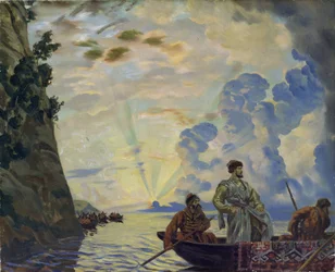 Przywódca kozacki Stiepan (Stieńka) Timofiejewicz Razin (1630-1671) w łodzi. Poprowadził powstanie przeciwko szlachcie i carskiej biurokracji na południu Rosji (Stiepan Razin). (1878-1927)