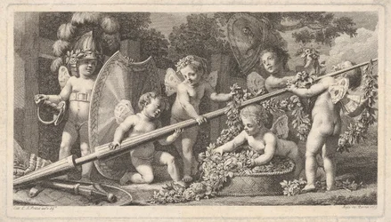 Sześć puttów bawiących się ramionami Marsa, cztery trzymające dużą lancę, jedno po lewej…, 1769.