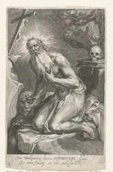 Święty Hieronim z Betlejem jako pustelnik Dùm Bethlemiticis latitas (...) tibi tuta facis (tytuł na obiekcie) Pustelnicy (tytuł serii) Ad sacrum speculum (...) patribus that ales (tytuł serii)