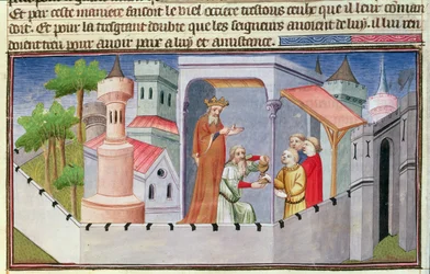 Ms Fr 2810 f.17, Hassan i Sabbah prowadzący inicjacje w Alamut i podający swoim zwolennikom odurzone wino, z „Livres des Merveilles du Monde”, ok. 1410-12