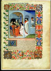 Ms Fr 2810 f.226, Brat Hayton prezentuje swoją księgę Jeanowi Sans Peur, z "Livre des Merveilles du Monde", ok. 1410-12 (tempera na 1vellum)