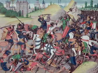 Ms 5089-90 Bitwa między Saracenami a chrześcijanami podczas krucjat, z Chroniques des empereurs Davida Auberta, 1462