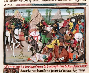 Ms 5089-90 Bitwa króla Baldwina I (ok. 1058-1118) z Turkami, z Chroniques des empereurs autorstwa Davida Auberta, 1462