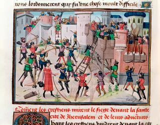 Ms 5089-90 Oblężenie Jerozolimy przez chrześcijan podczas jednej z wypraw krzyżowych, z Chroniques des empereurs autorstwa Davida Auberta, 1462