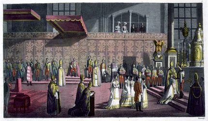 Prymas Węgier koronujący królową w kolegiacie, Westprim, Węgry, tablica 5 z „Le Costume Ancien et Moderne” Julesa Ferrario, wydana ok. 1820-30 (kolor litho)