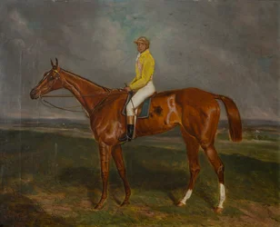 Kasztanowy koń wyścigowy z dżokejem, ok. 1860-90 (olej na płótnie)