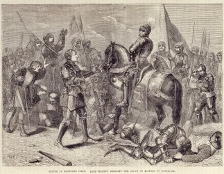 Bitwa pod Bosworth. Lord Stanley sprowadza koronę Ryszarda III do Richmond (1485): koniec Wojny Dwóch Róż - w „”Ilustrowanej historii Anglii Cassella”, tom. II, autorstwa Williama Howitta