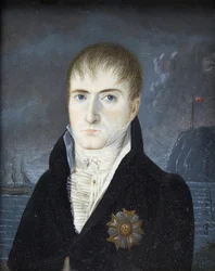 Cesarz na wyspie Świętej Heleny - Portret cesarza Napoleona I z odkrytą głową, w czarnym stroju, z odznaką wielkiego orła Orderu Legii Honorowej - Portret Napoleona Bonaparte na wyspie Świętej Heleny autorstwa Captain Dodgin (aktywny)