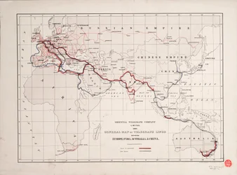 Ogólna mapa linii telegraficznych między Europą, Indiami, Australią i Chinami