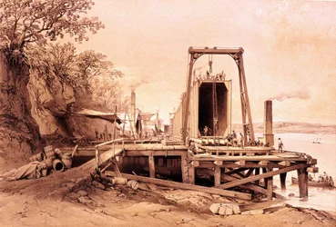 Rewolucja przemysłowa: montaż prefabrykowanego mostu. Grawerowanie z „Britannia and Conway Tubular Bridges””