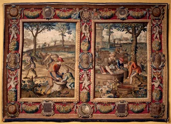 Wrzesień i październik: "praca na roli i żniwa" Gobelin przedstawiający manufaktury w Mortlake. XVII wiek Genes, Musei di Strada Nuova