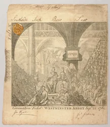 Bilet na ceremonię koronacji Jerzego III w Opactwie Westminsterskim, rytował George Bickham, 22 września 1761