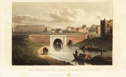 Zachodni portal do tunelu Islington, z koniem ciągnącym barkę wzdłuż Kanału Regenta
