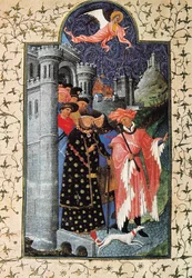 Książę Jean de Berry (1340-1416) i zarządca jego majątku. Miniatura Jeana Limbourga (1370-1416) do „Tres Riches Heures du Duc de Berry” około 1440 roku w Paryżu. B.N.