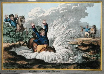 Coming in at the Death, akwaforta autorstwa Jamesa Gillraya (1757-1815) wydana przez Hannah Humphrey w 1800 roku (akwaforta ręcznie kolorowana)