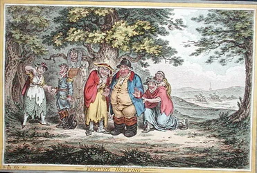 Polowanie na fortunę, akwaforta Jamesa Gillraya (1757-1815) wydana przez Hannah Humphrey w 1804 roku (akwaforta ręcznie kolorowana)