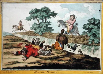 Hounds Finding, akwaforta Jamesa Gillraya (1756-1815) opublikowana przez Hannah Humphrey w 1800 roku (akwaforta ręcznie kolorowana) (patrz także 191237)