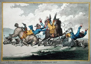 Hounds Throwing Off, akwaforta Jamesa Gillraya (1756-1815) opublikowana przez Hannah Humphrey w 1800 roku (akwaforta ręcznie kolorowana) (patrz także 191238)