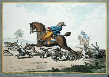 Hounds in Full Cry, akwaforta Jamesa Gillraya (1757-1815) wydana przez Hannah Humphrey w 1800 roku (akwaforta ręcznie kolorowana)