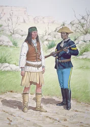 Wojownik Apaczów Chiricahua i kapral 10. pułku kawalerii amerykańskiej w 1886 r., z zestawu sześciu tableaux