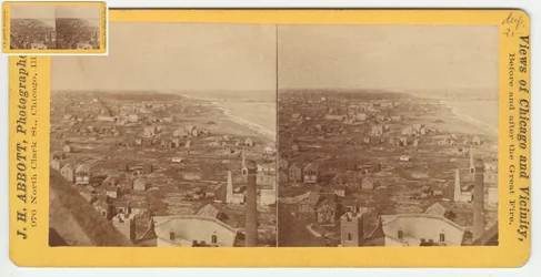 Stereografia widoku na północ od Water Tower po pożarze Chicago w 1871, 1871 (zdjęcie czarno-białe na uchwycie karty)