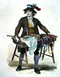Sprzedawca wstążek w 1774 r. (rycina kolorowa)