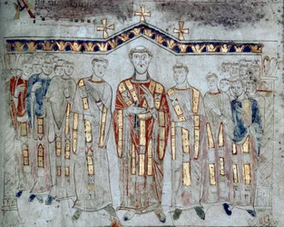 Sztuka bizantyjska: „”Zgromadzenie kapituły katedry w Gaete (Gaeta) złożone z ewek i diakonów”””Miniatura zaczerpnięta z „Exultet”” z początku XI wieku Museo Diocesano, GaETA