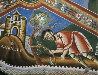 Eldrad uprawiający ziemię w Ambilly, Prowansja, szczegół z opowieści o życiu świętego Eldrada, romańskie freski w stylu bizantyjskim, koniec XI wieku, kaplica świętego Eldrada i świętego Mikołaja, opactwo Novalesa, Piemont, Włochy.