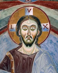 Twarz Chrystusa Pantokratora, fragment fresków romańskich w stylu bizantyjskim, koniec XI w., kaplica św. Eldrada i św. Mikołaja, opactwo Novalesa, Piemont, Włochy