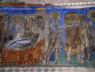 Uzdrowienie teściowej i paralityka Szymona Piotra, bizantyjski fresk (XII w.), Tokali Kilise (Kościół Klamry) (XII–XIII w.), Goreme (Lista Światowego Dziedzictwa UNESCO)