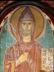 Reprezentacja św. Benedykta z Nursie (VI w.) Fragment fresku szkoły bizantyjskiej. Początek XIII wieku. Klasztor św. Benoita (Sacro Speco), kaplica św. Grzegorza a Subiaco (Rzym), Włochy