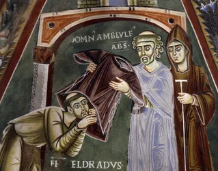 Święty Eldrad wraca z Santiago de Compostela i otrzymuje habit zakonny od opata Novalesa, Historie życia św. Eldrada, romański fresk, styl bizantyjski, kaplica św. Eldrada i św. Mikołaja, opactwo Novalesa, Piemont, Włochy.
