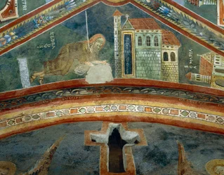 Święty Eldrad powraca z Santiago de Compostela, fragment Opowieści z życia św. Eldrada, romański fresk, styl bizantyjski, koniec XI w., Kaplica św. Eldrada i św. Mikołaja, Opactwo Novalesa, Piemont, Włochy.